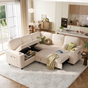 LINSY HOME Modular Sectional Sofa for Living Room, Sleeper Sofa Bed with Storage Seat, Pull Out Sofa Couch Bed with Cup Holder, Beige