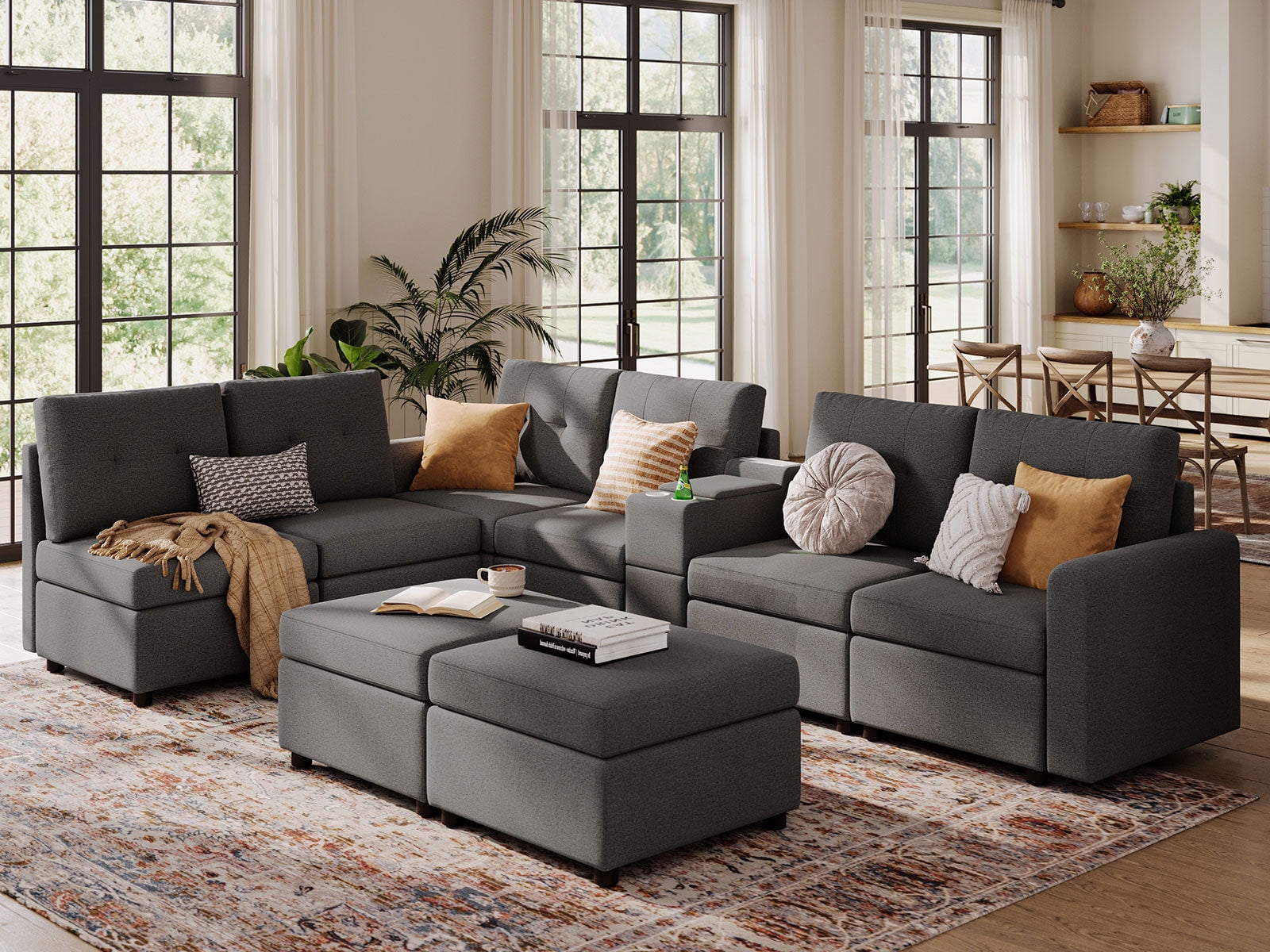 LINSY HOME Oversized Modular Cloud Sectional Sofa, RUBIK III 8 Seat Storage Couches and Sofas with Versatile Console, Dark Gray