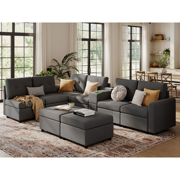 LINSY HOME Oversized Modular Cloud Sectional Sofa, RUBIK III 8 Seat Storage Couches and Sofas with Versatile Console, Dark Gray