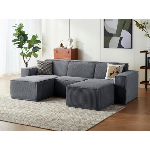 LINSY HOME Oversized Modular Sectional Sofa, L-Shaped Cloud Sofa Couch with Corduroy Fabric, 3 Seat Sponge Sofa for Living Room, No Assembly Required, Blue Gray