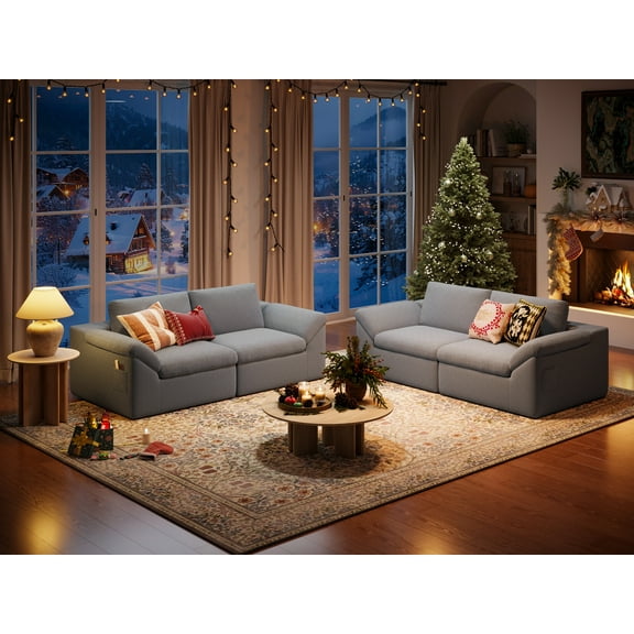 Linsy Home 2 Piece Sofa Set for Living Room, Cloud Modular Sectional Sofa with Deep Seating, Oversized Boneless Couch Set with Corduroy Fabric, Grey