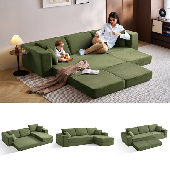 Linsy Home 110" 4-in-1 Convertible Sectional Cloud Couch for Living Room, Modular Sleeper Sofa Bed with 2 Pillows, No Assembly Required, Green