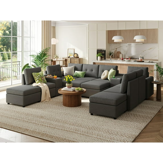 LINSY HOME Oversized Modular Sectional Sofa, RUBIK III 12 Seat Storage Couches and Sofas with 2 Versatile Consoles, Dark Gray