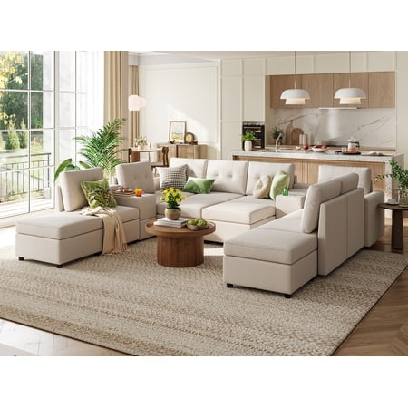 LINSY HOME Oversized Modular Sectional Sofa, RUBIK III 12 Seat Storage Couches and Sofas with 2 Versatile Consoles, Beige
