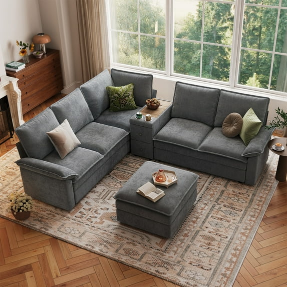 Linsy Home Modular Sectional Cloud Sofa, 5 Seat Couches and Sofas with Versatile Consoles & Ottoman, Dark Gray