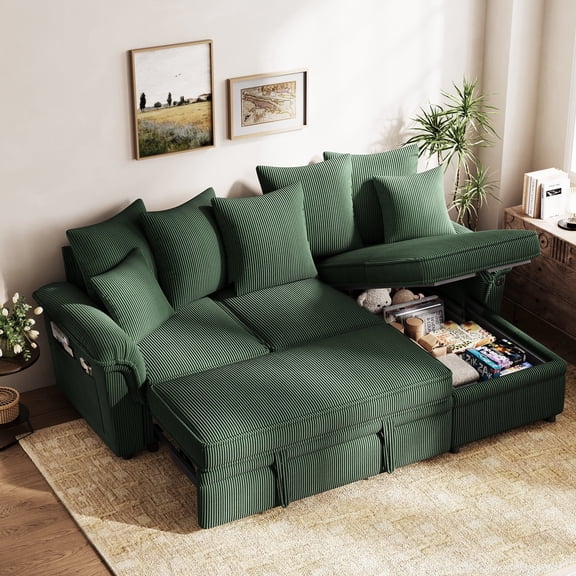 LINSY HOME 90.5" Sectional Sleeper Sofa With Pull Out Bed, Storage Chaise & USB Charging, Pull Out Couch with Side Pocket & Two Pillows for Living Room, Corduroy Green