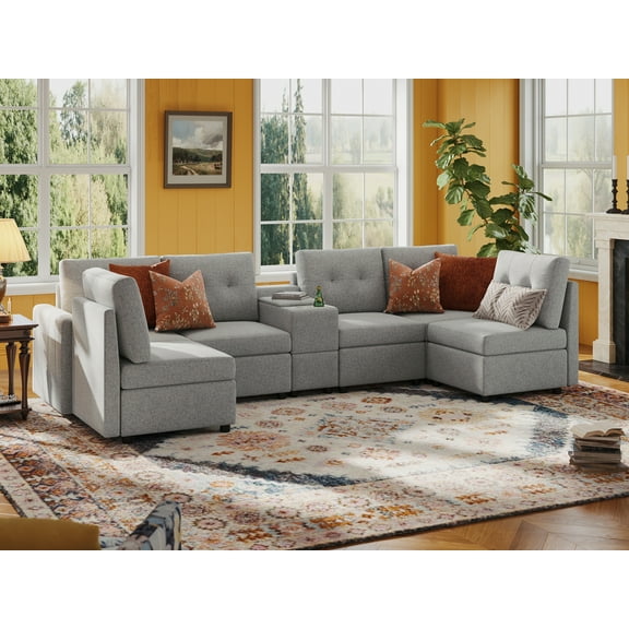 LINSY HOME Oversized Modular Sectional Sofa, RUBIK III 6 Seat Storage Couches and Sofas with Versatile Consoles, Light Gray