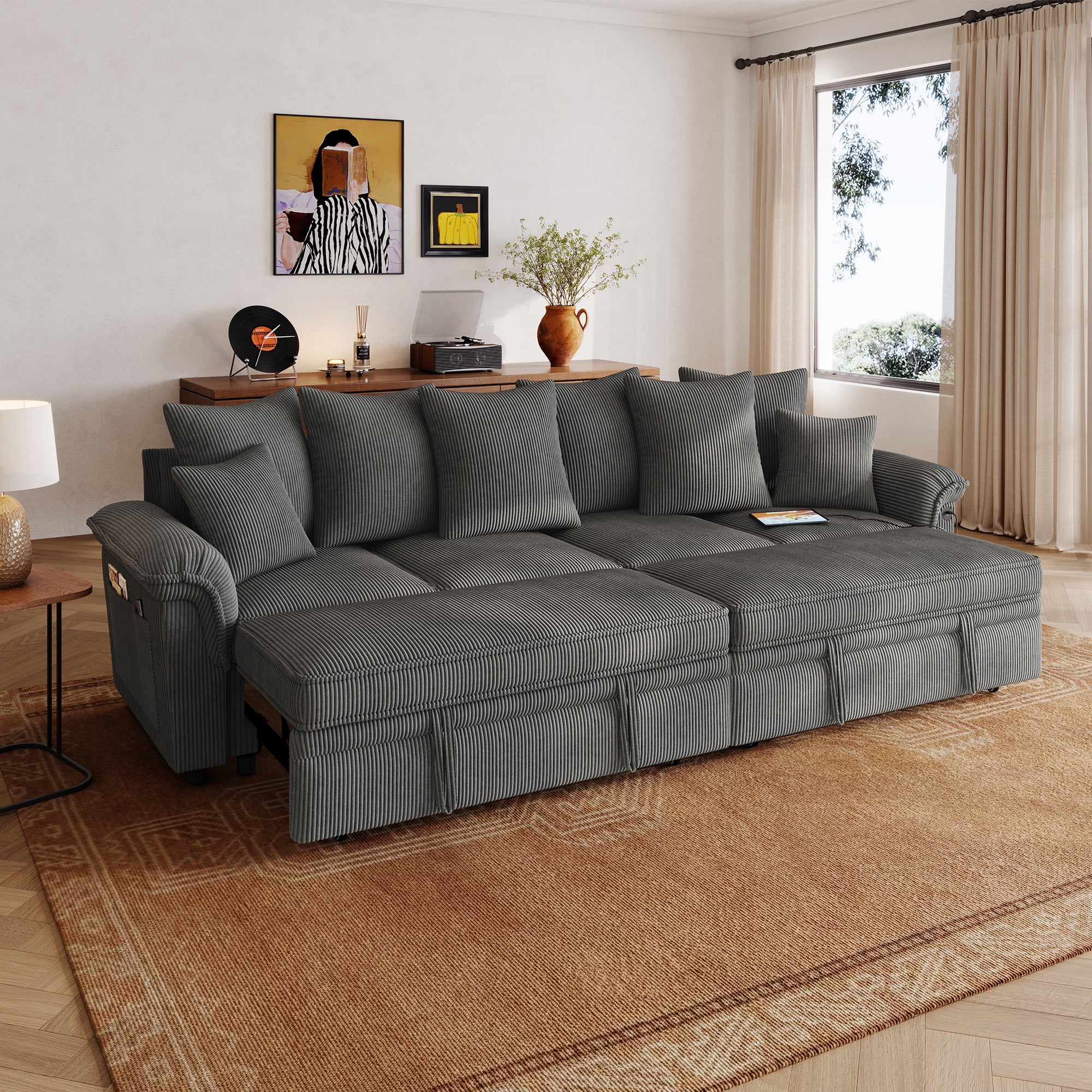 LINSY HOME Oversized 119" Sleeper Sofa Bed with Reversible Storage Chaise, Pull Out Couch Bed with USB, Side Pocket & Two Pillows, Grey