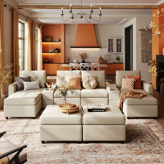 LINSY HOME Oversized Modular Sectional Sofa, RUBIK III 8 Seat Storage Couches and Sofas with 2 Versatile Consoles, Beige