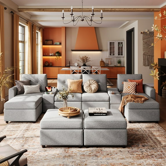 LINSY HOME Oversized Modular Sectional Sofa, RUBIK III 8 Seat Storage Couches and Sofas with 2 Versatile Consoles, Light Gray