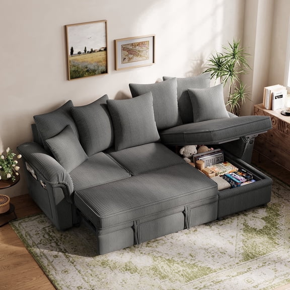 LINSY HOME 90.5" Sectional Sleeper Sofa With Pull Out Bed, Storage Chaise & USB Charging, Pull Out Couch with Side Pocket & Two Pillows for Living Room, Corduroy Grey