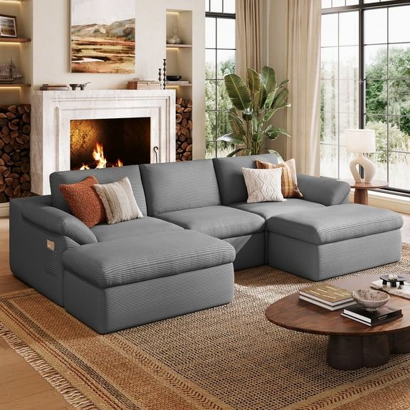 LINSY HOME Oversized 109" Boneless Sectional Couches for Living Room, U-Shaped Cloud Couch Sofa with Corduroy Fabric, 3 Seat Foam Sofa with 2 Ottomans, No Assembly Required, Grey