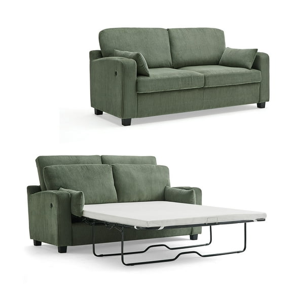 LINSY HOME Pull Out Sofa Bed, 2-in-1 Convertible Sleeper Couch with Memory Foam Mattress, Two Seat Loveseat Sleeper Sofa Bed for Living Room, Green, Full Size