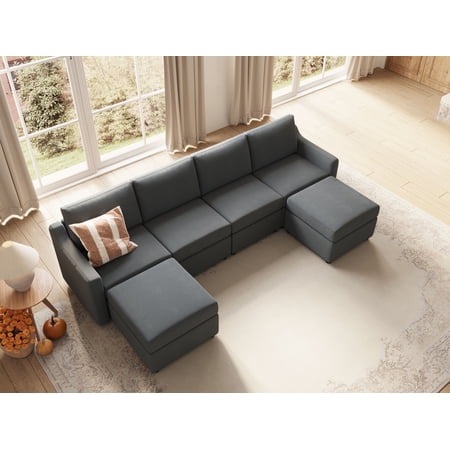 LINSY HOME RUBIK I Modular Sofa with Storage, 6 Seat Sectional Sofa for Living Room, U Shaped Sectional Couch with Reversible Chaises, Dark Gray