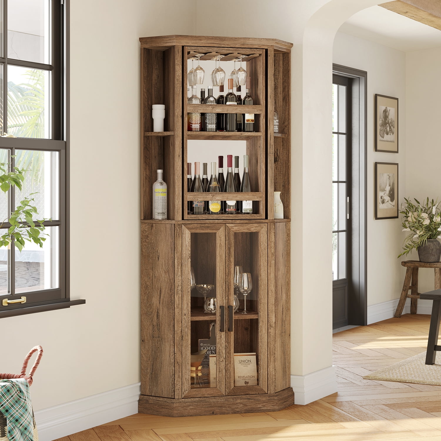 Tall Brown Farmhouse Corner Bar Cabinet with Rotating Shelves
