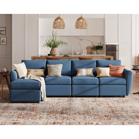 LINSY HOME Round Arm Modular Sofa with Storage, RUBIK I 5 Seat Sectional Sofa for Living Room, L Shaped Sectional Couch with Reversible Chaises, Blue