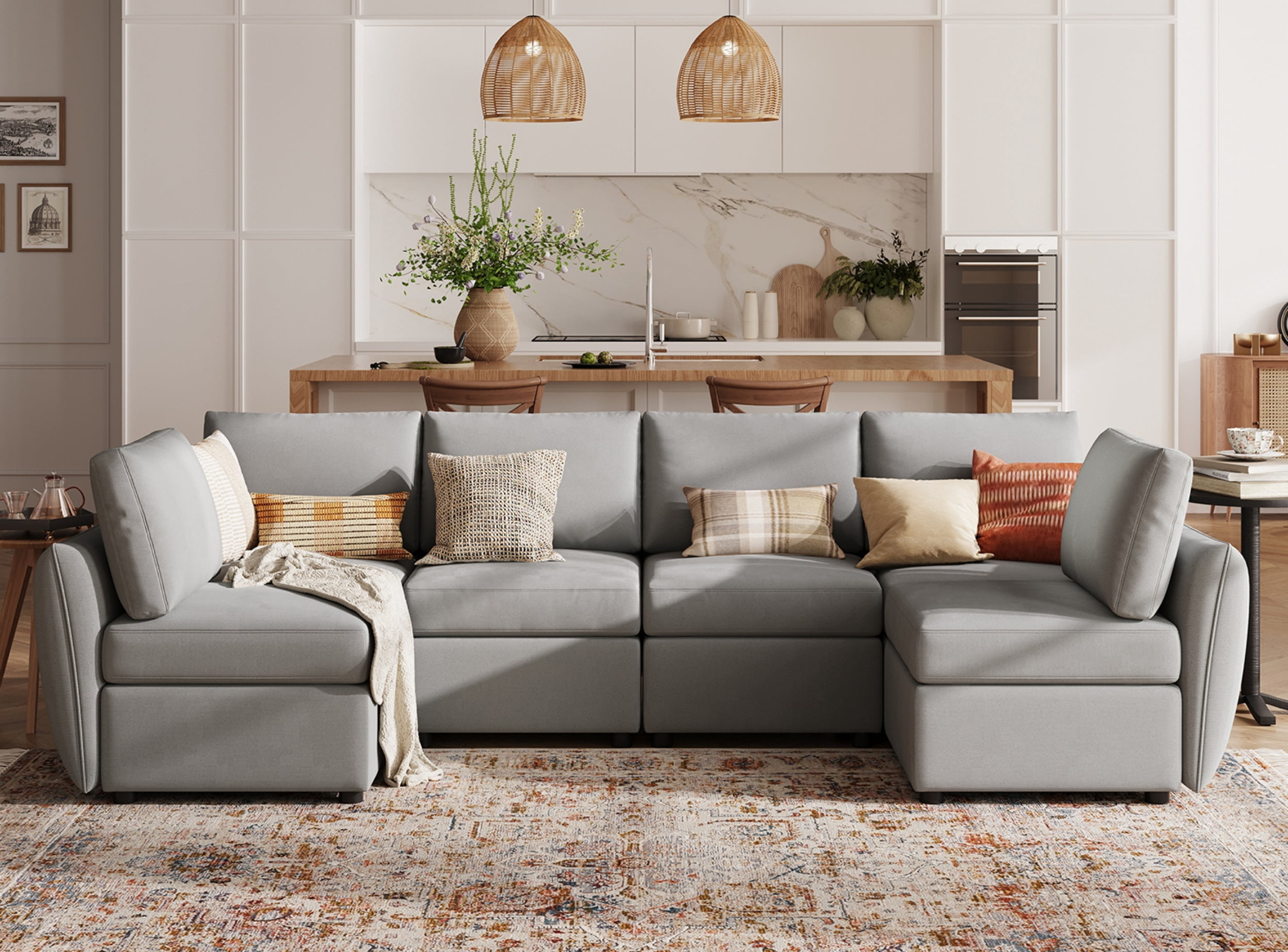 LINSY HOME Round Arm Modular Sofa with Storage, RUBIK I 6 Seat
