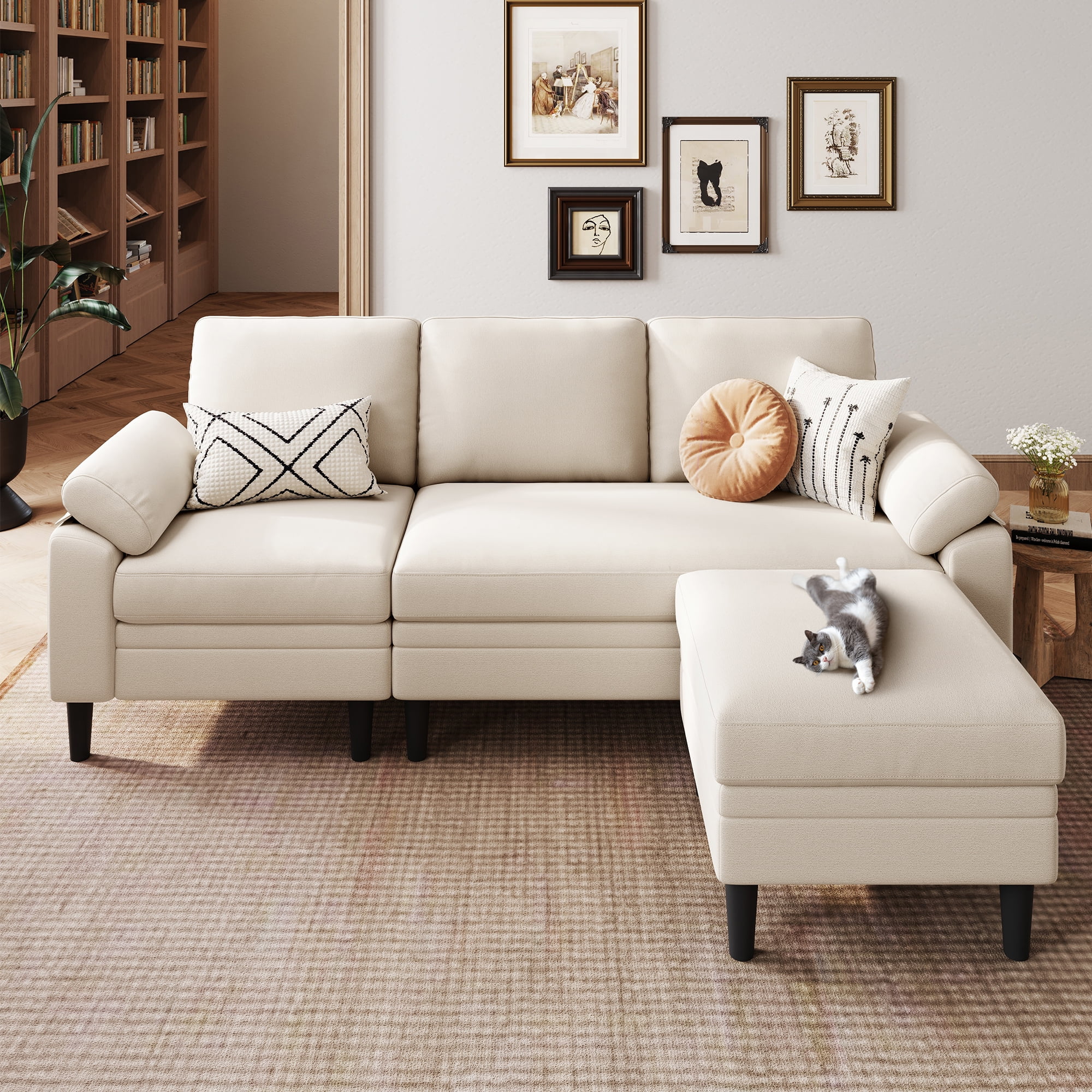 LINSY HOME 82" Reversible Sectional Sofa Couch, 3 Seater L -Shaped Sofa with Movable Ottoman for Living Room, Beige