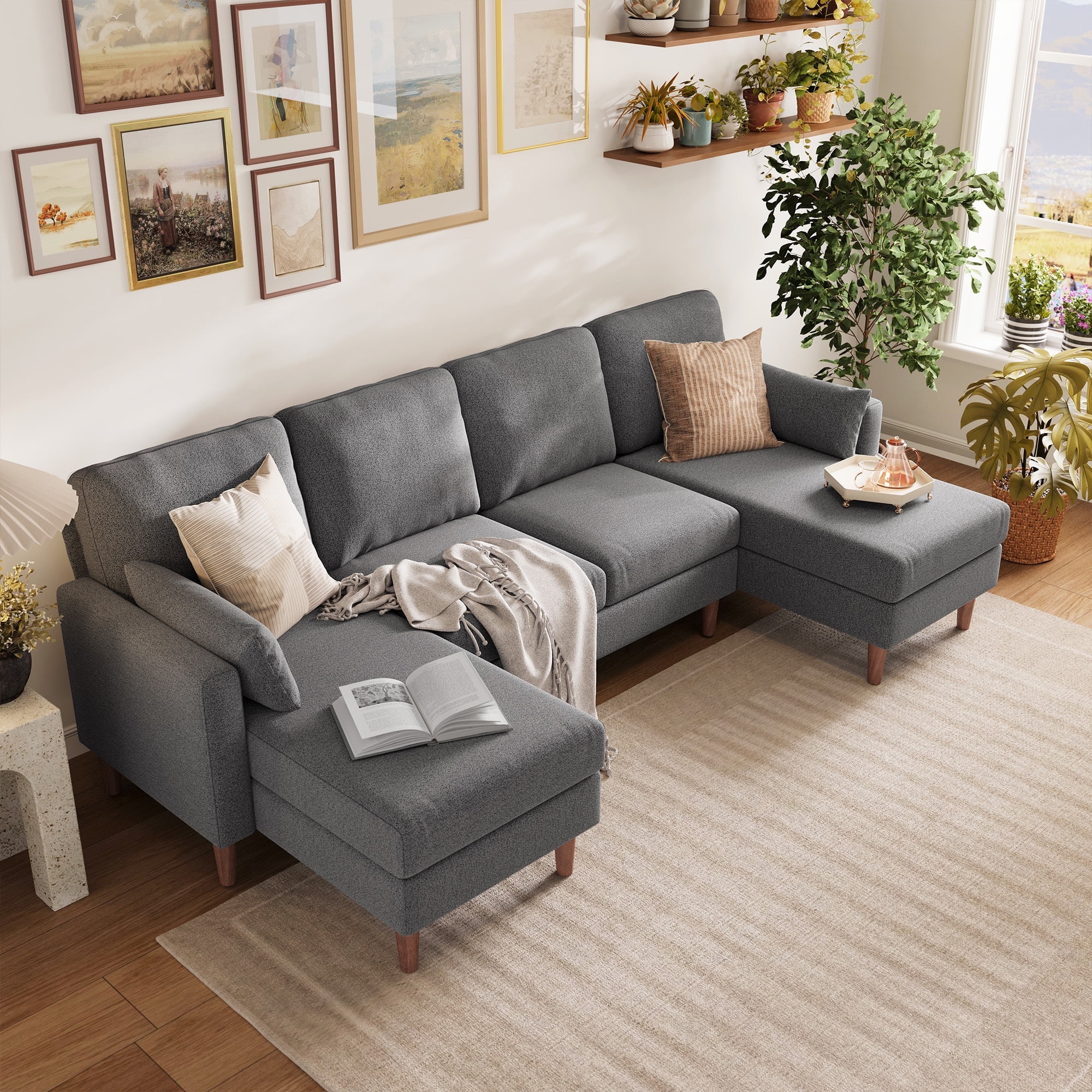 Linsy Home 101" Modular Sectional Couches for Living Room, U-Shaped Sectional Sofa with 2 Pillows, 4 Seat Oversized Sofa with Double Chaise, Dark Gray Bouclé