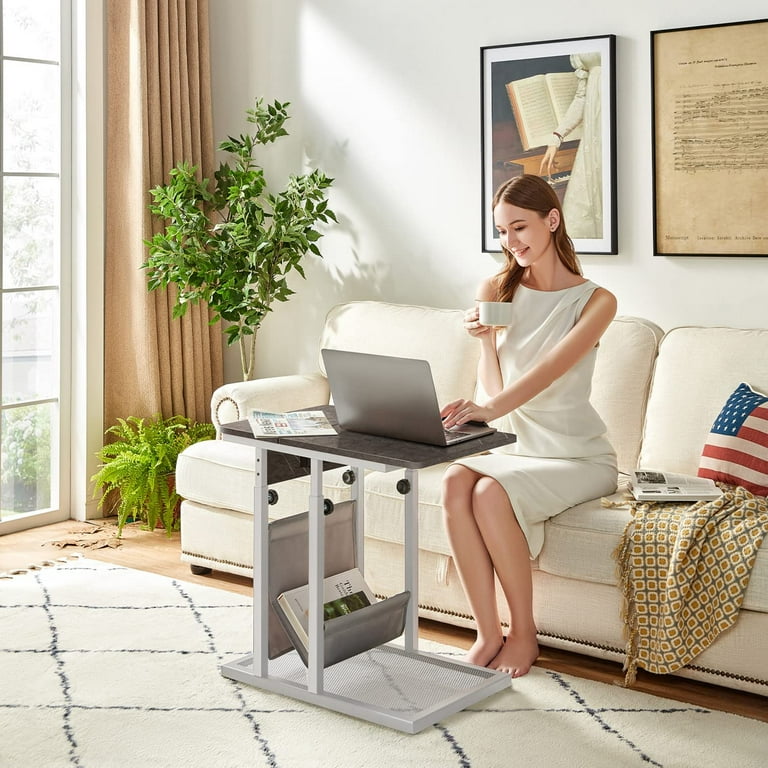 LINSY HOME Sofa Side Table with USB Ports and Outlets Adjustable Height C Shaped End Table with Wheels Silver