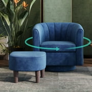 LINSY HOME Swivel Accent Chair with Ottoman, Velvet Barrel Chair for Living Room, Blue