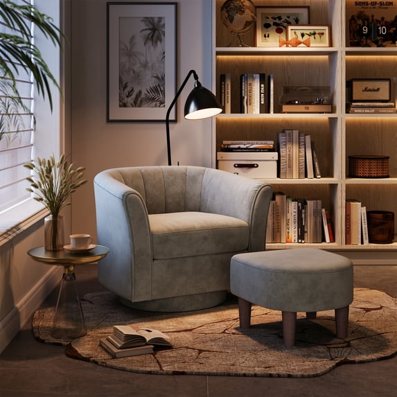 LINSY HOME Swivel Accent Chair with Ottoman, Velvet Barrel Chair for Living Room, Light Grey