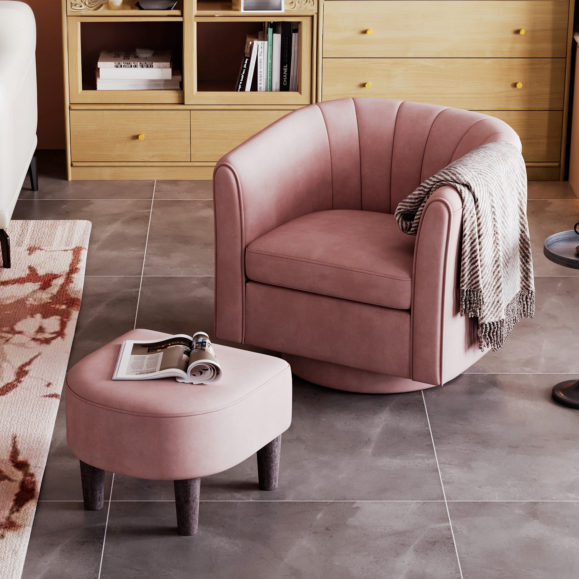 LINSY HOME Swivel Accent Chair with Ottoman, Pink Velvet - Walmart.com