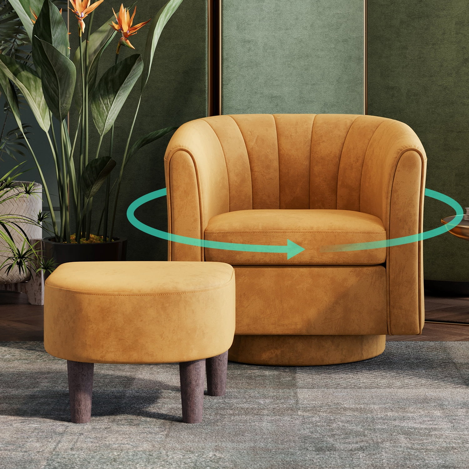 LINSY HOME Swivel Accent Chair with Ottoman, Velvet Barrel Chair for Living Room, Yellow