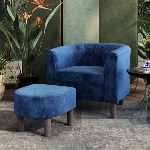 LINSY HOME Upsized Velvet Accent Chair with Ottoman for Living Room, Blue