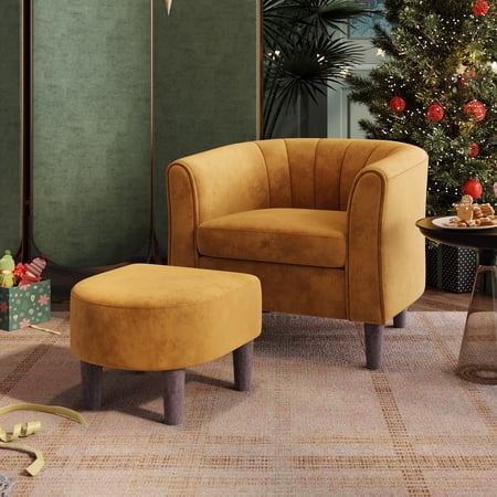 LINSY HOME Upsized Velvet Accent Chair with Ottoman for Living Room, Bedroom, Yellow