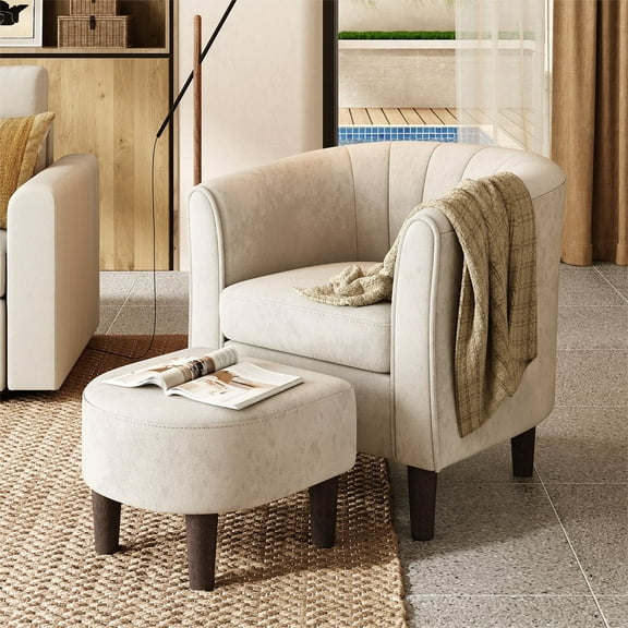 LINSY HOME Velvet Accent Chair with Ottoman for Living Room, Beige