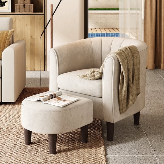 Linsy Home Beige Velvet Barrel Armchair with Ottoman, Unisex