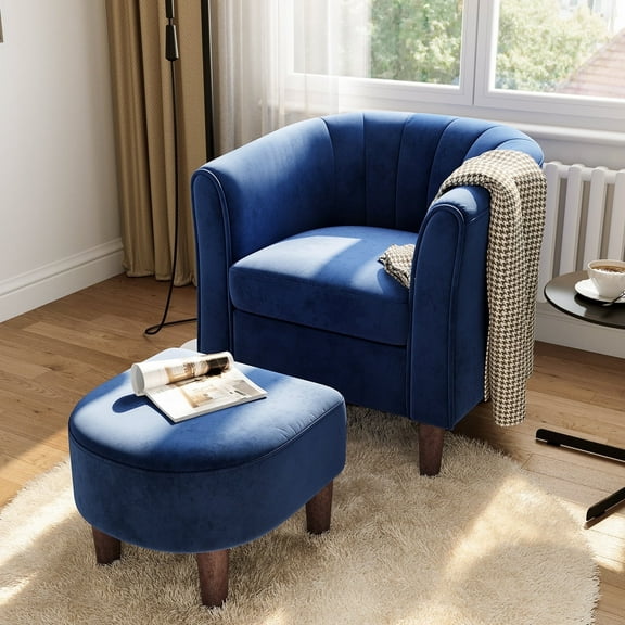 LINSY HOME Velvet Accent Chair with Ottoman for Living Room, Blue
