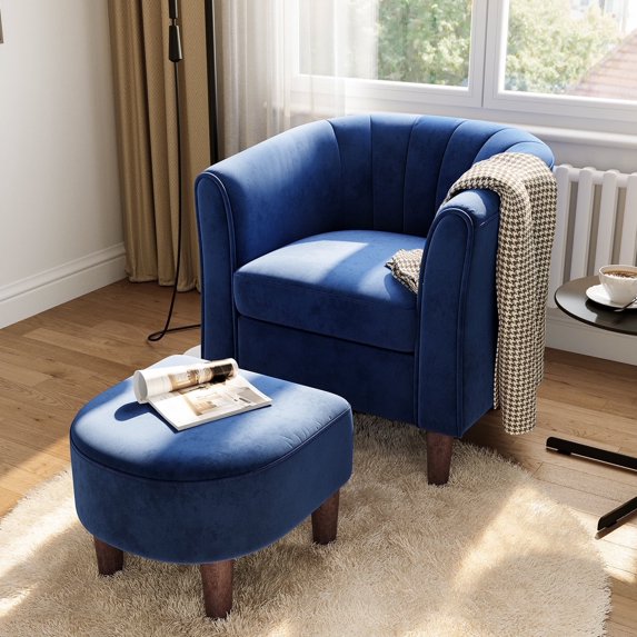 "Linsy Home Blue Velvet Armchair with Ottoman, Chair: 25.60""D x 27.40""W x 26.80""H, Ottoman: 17.7""D x"