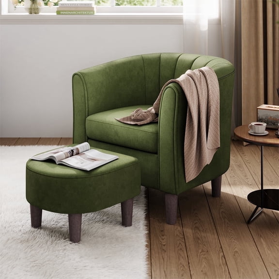 LINSY HOME Velvet Accent Chair with Ottoman,, Arm Chair Set for Living Room, Olive Green