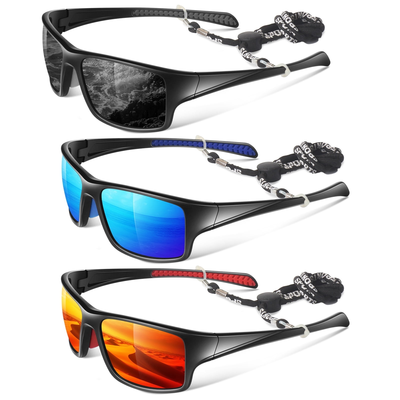 LINVO Men’s Sports Polarized Sunglasses, Wrap-Around Sun Glasses for Cycling, Fishing, Hiking & Driving, UV400 Protection-3 Pack