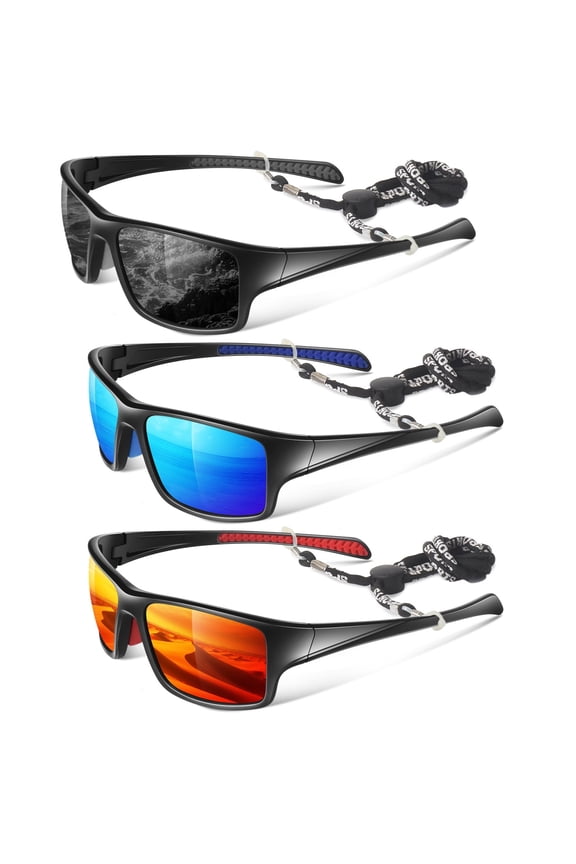 Men’s Sports Polarized Sunglasses, Wrap-Around Sun Glasses for Cycling, Fishing, Hiking & Driving, UV400 Protection-3 Pack