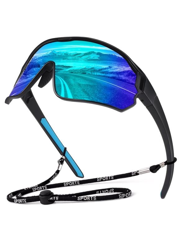 Polarized Sport Shield Blue Mirrored Wraparound Cycling Fishing Sunglasses for Men Women UV 400 Shades