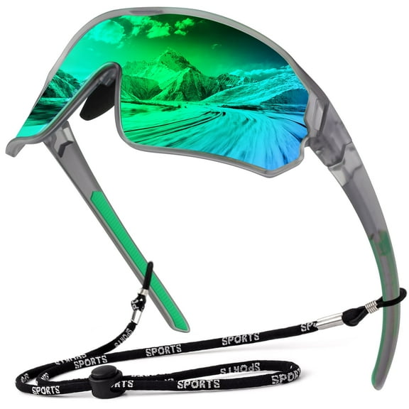 LINVO Polarized Sport Shield Green Mirrored Wraparound Cycling Fishing Sunglasses for Men Women UV 400 Shades