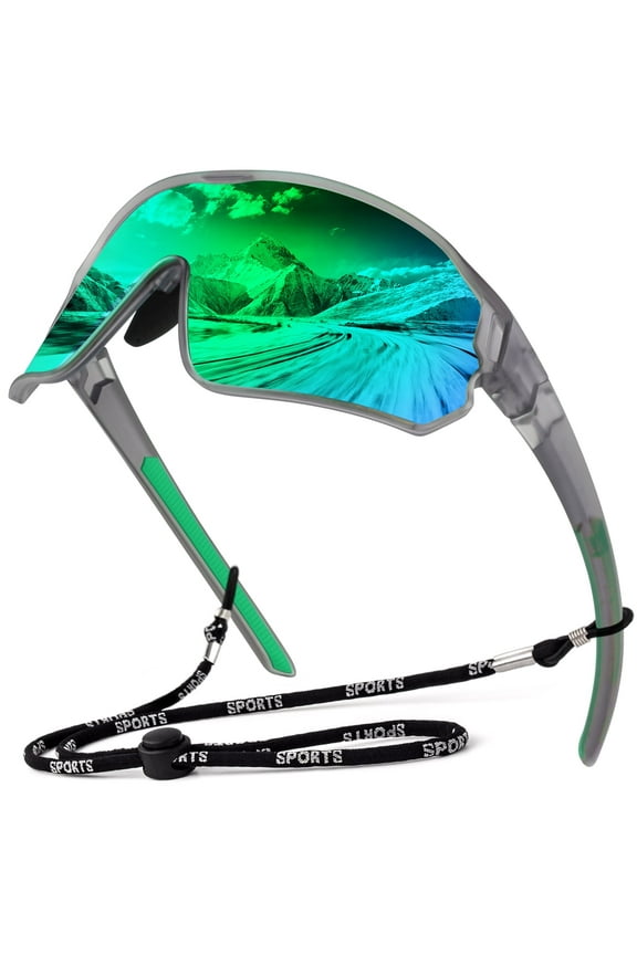 Polarized Sport Shield Green Mirrored Wraparound Cycling Fishing Sunglasses for Men Women UV 400 Shades