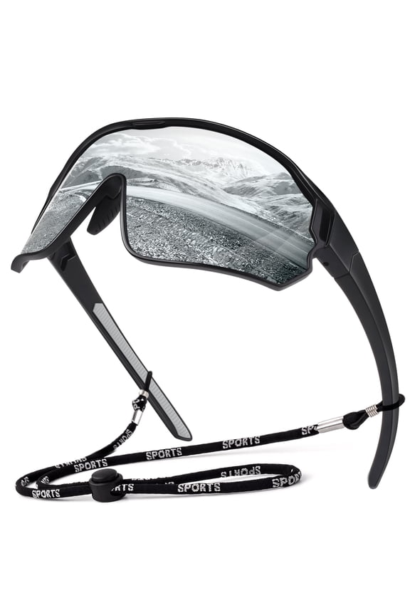 Polarized Sport Shield Silver Mirrored Wraparound Cycling Fishing Sunglasses for Men Women UV 400 Shades