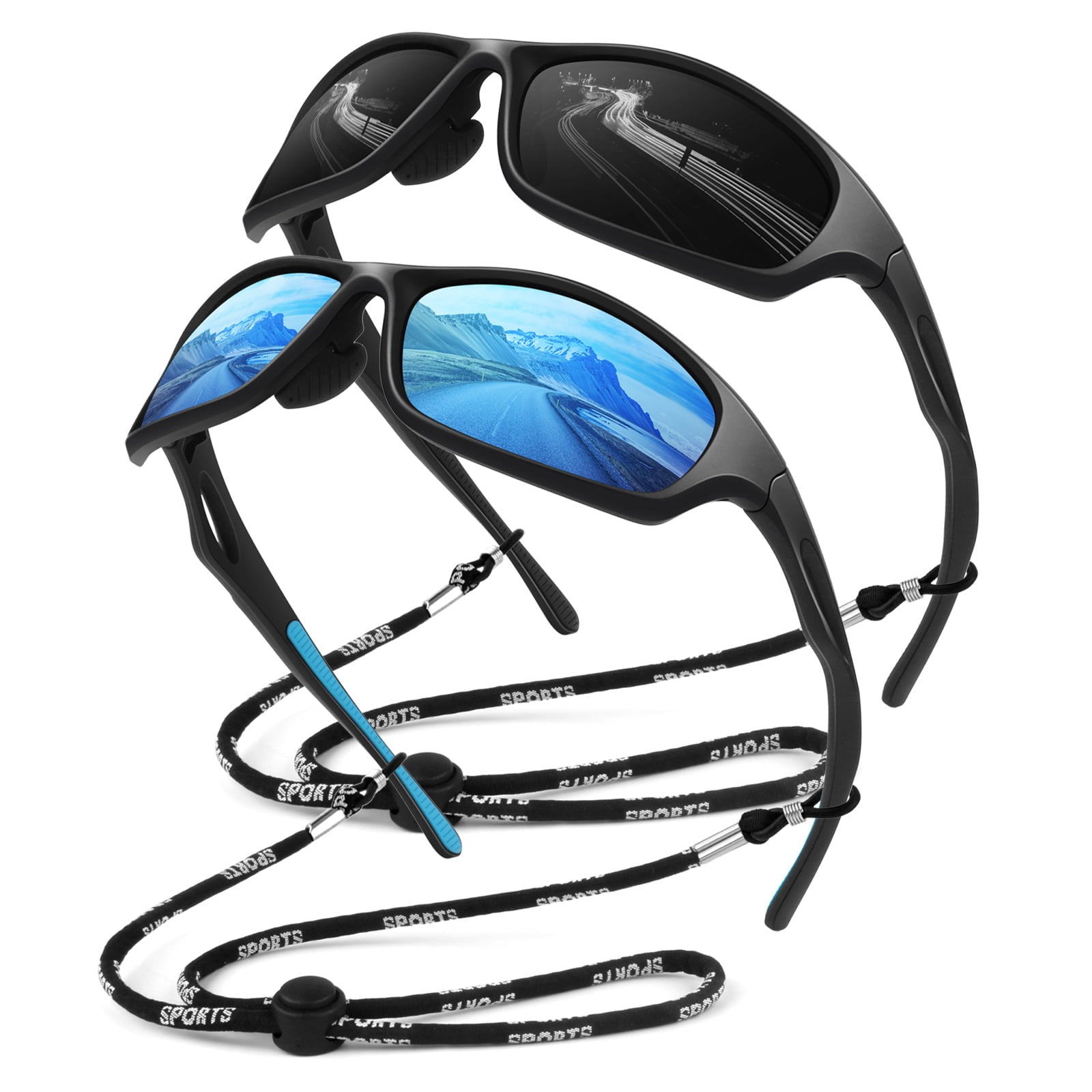 LINVO Polarized Sports Sunglasses for Men UV400 Protection Wraparound Goggles for Fishing Cycling Running-2 Pack
