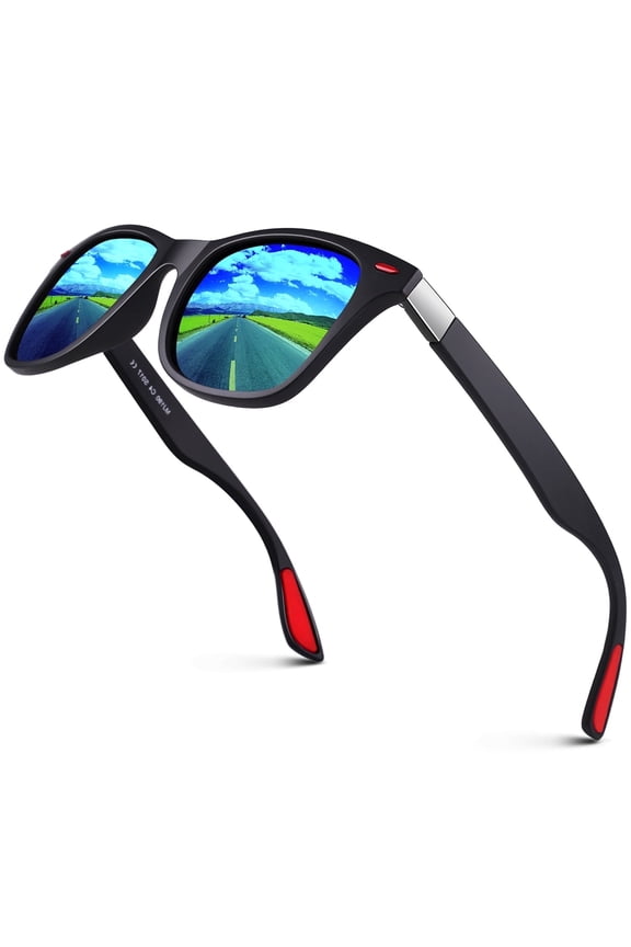 Polarized UV400 Protection Men's Sunglasses and Rivets, Matte Black Frame Blue Lens Red Rivets