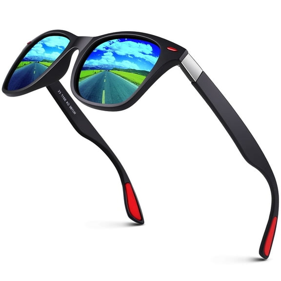LINVO Polarized UV400 Protection Men's Sunglasses and Rivets, Matte Black Frame Blue Lens Red Rivets