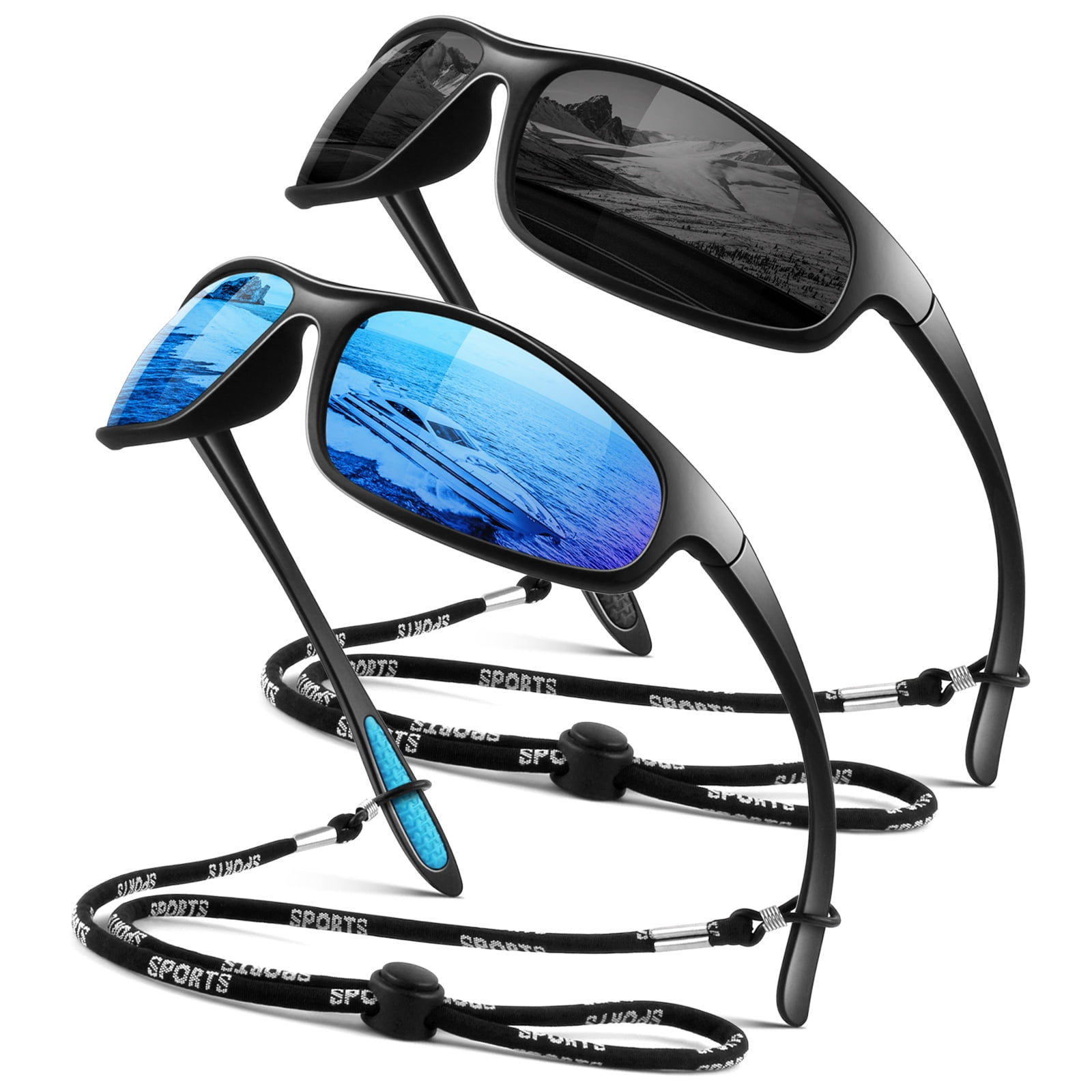 LINVO Sports Polarized Sunglasses for Men Women, Wrap-Around for Fishing, Cycling & Running, UV400 Protection-2 Pack