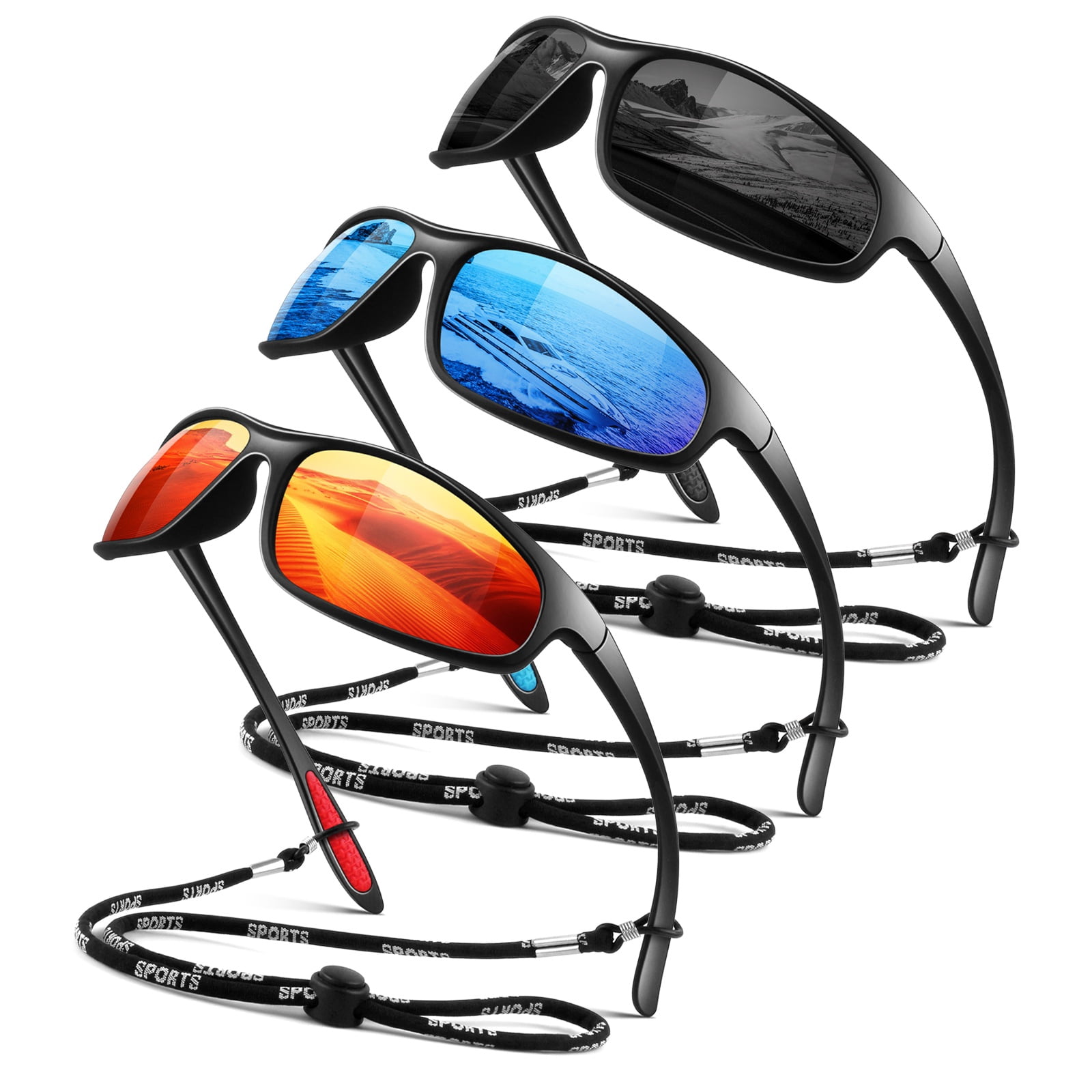 LINVO Sports Polarized Sunglasses for Men Women, Wrap-Around for Fishing, Cycling & Running, UV400 Protection-3 Pack