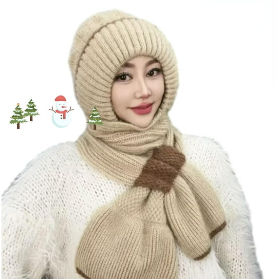 LINXI Winter Versatile Knitted Hooded Scarf for Women, Hat Scarf All-in-one Warm Windproof Fleece Cycling Protection Ear Cap