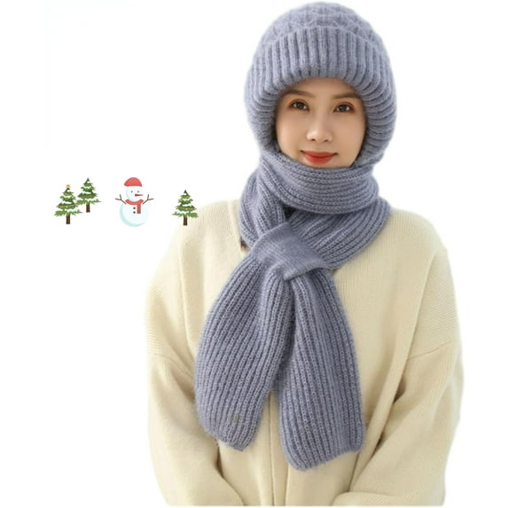 LINXI Winter Versatile Knitted Hooded Scarf for Women, Hat Scarf All-in-one Warm Windproof Fleece Cycling Protection Ear Cap
