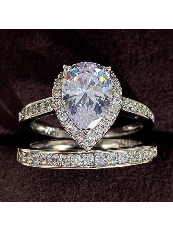 2pcs His and Hers Wedding Ring Sets Couples Engagement Rings Women and Men 925 Sterling Silver 14k Gold Plated Cubic Zirconia Water Drop Combination Rings