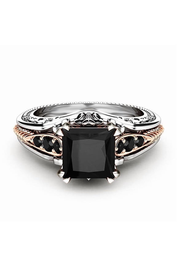 925 Sterling Silver Black Tourmaline Ring cocktail ring square cut diamond ring women's Retro diamond ring Size 6-10